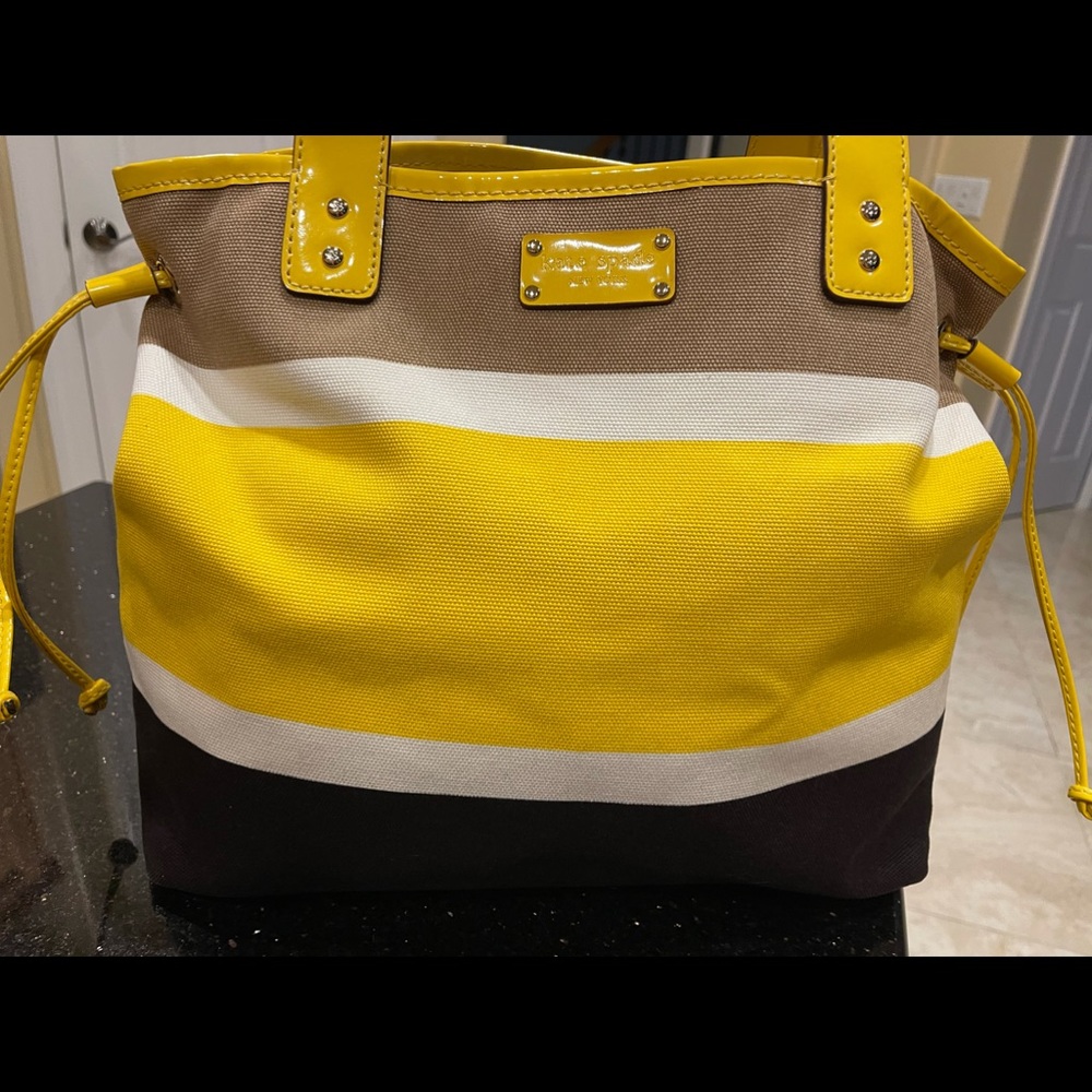 KATE SPADE LARGE YELLOW & WHITE & BLACK STRIPED TOTE BAG SHOULDER BAG - Picture 2 of 15